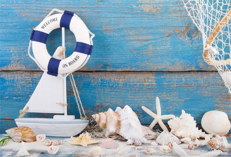 AOFOTO 7x5ft Nautical Backdrop Baby Shower Lifebuoy on Old Blue Wooden Photo Background Marine Style Life Ring Boat Starfish Conch Shells Kid Baby Infant Boy Art Portrait Photoshoot Studio Props Vinyl - Image 2